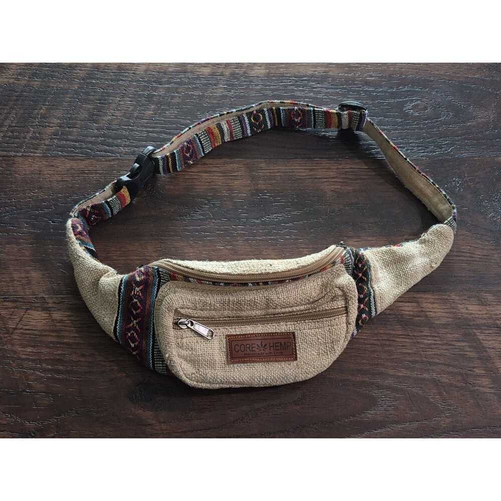 Core Hemp Fanny Pack Cross Body Bag Hand Made 3 Pocket Adjustable Boho Small